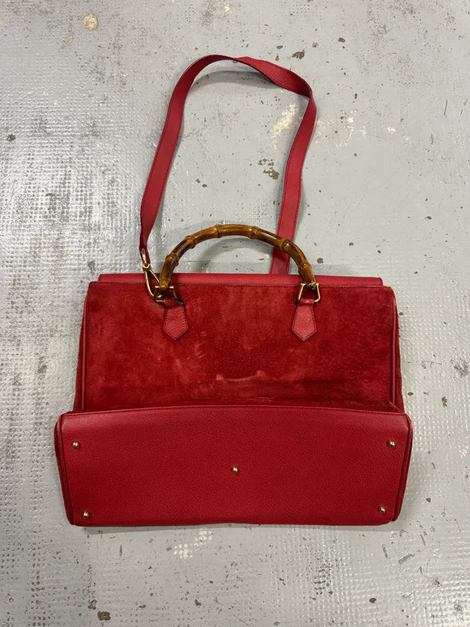 1990s Gucci Red Suede Leather Bamboo Handle Shoulder Bag opUlQyf 5