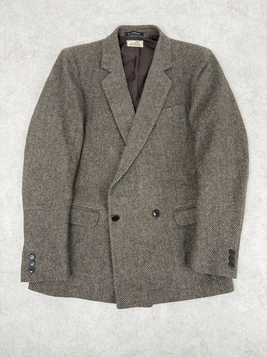 1990s Hermès Tweed Brown Blazer Jacket VVrZYxS 0