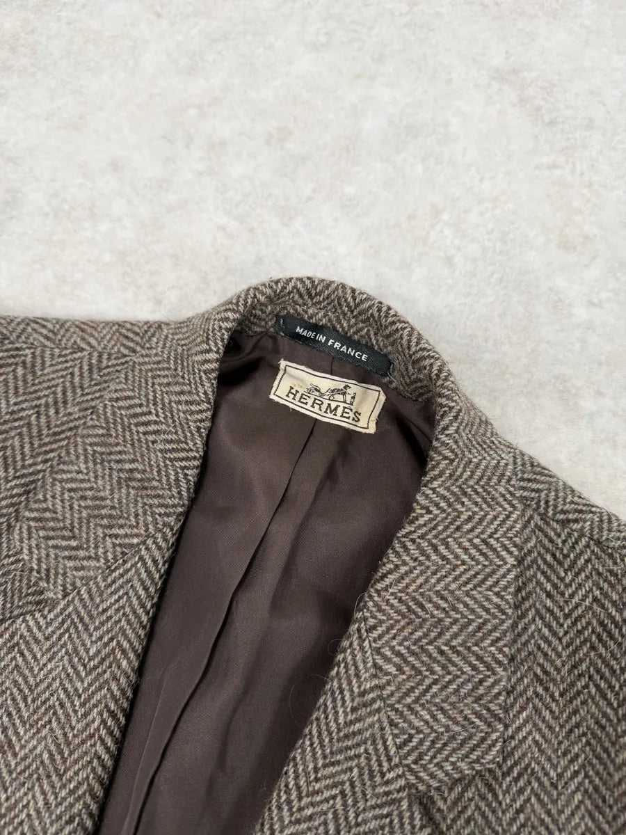 1990s Hermès Tweed Brown Blazer Jacket VVrZYxS 8