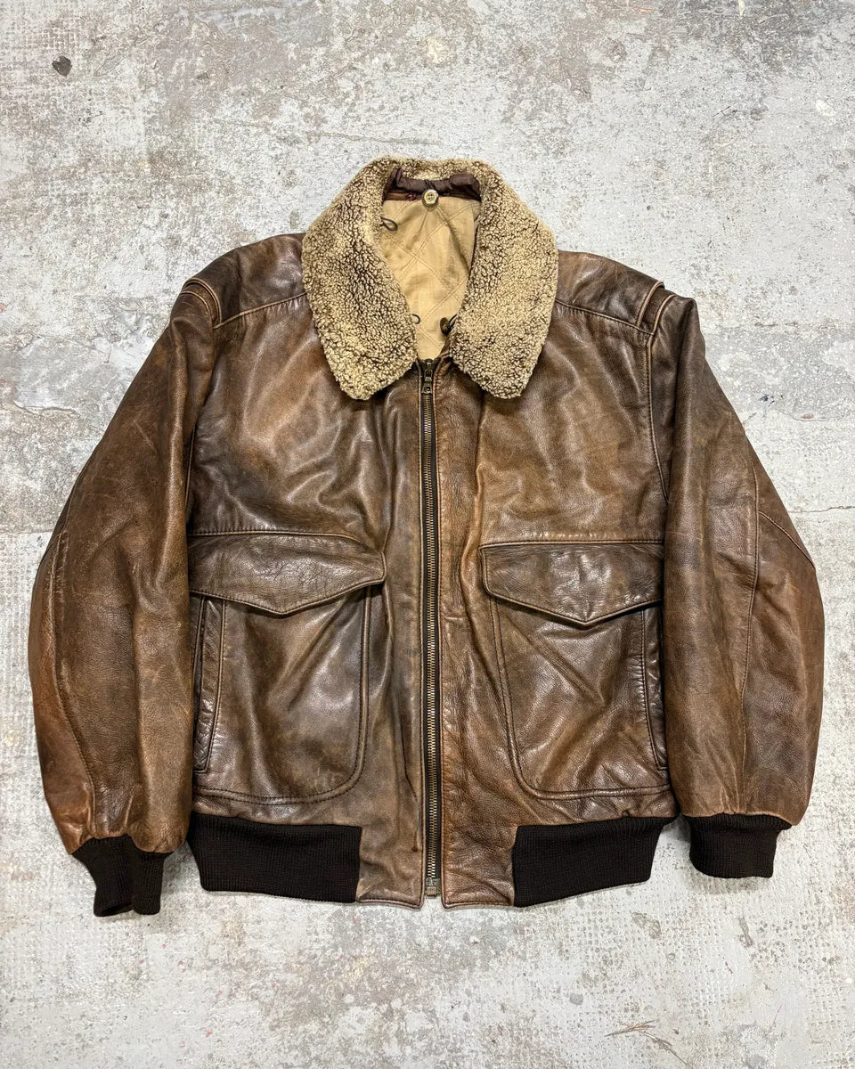 1990s Hugo Boss Aviator Brown Leather Bomber Jacket (M) DXmruxl 0