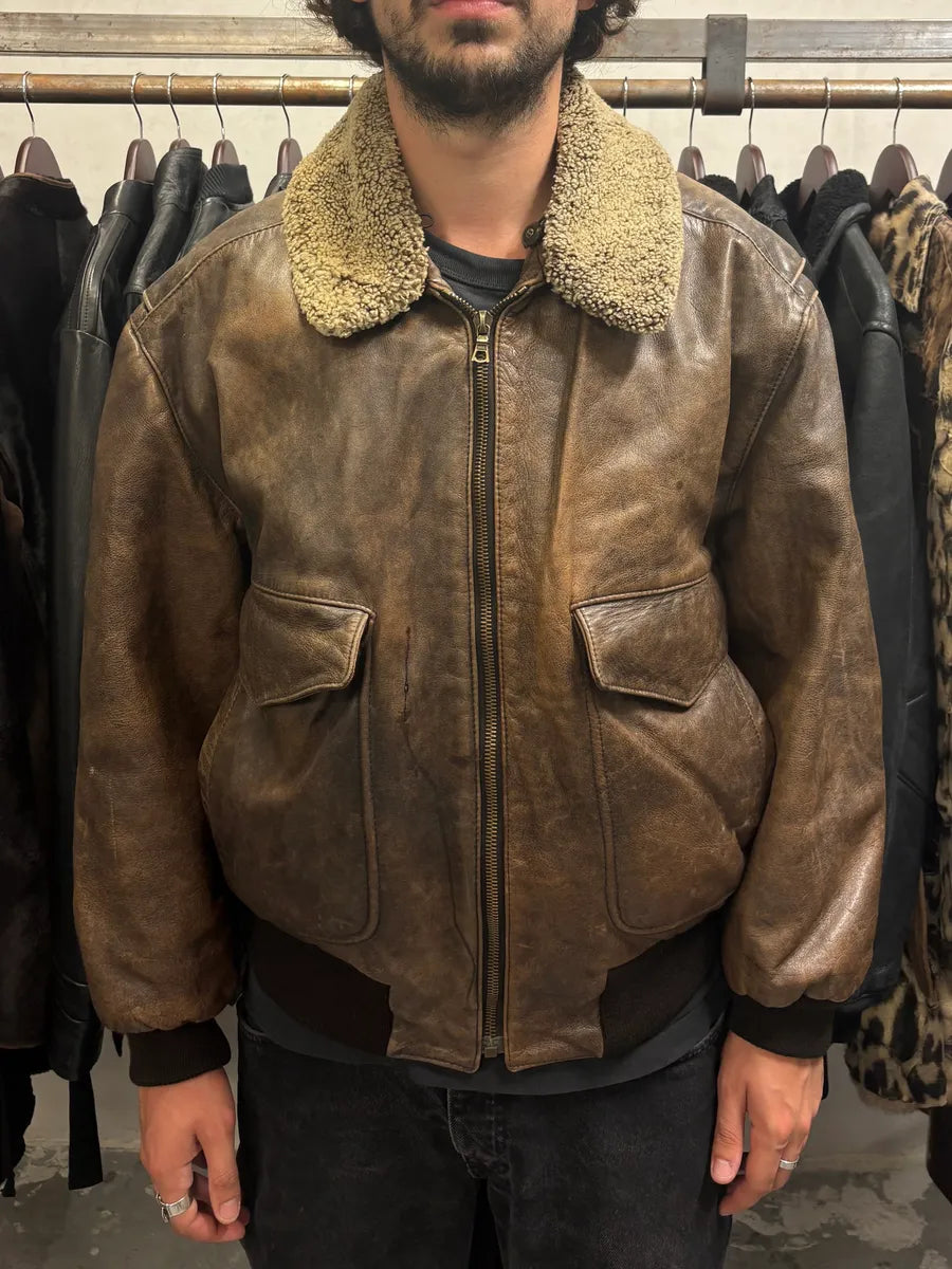 1990s Hugo Boss Aviator Brown Leather Bomber Jacket (M) DXmruxl 1