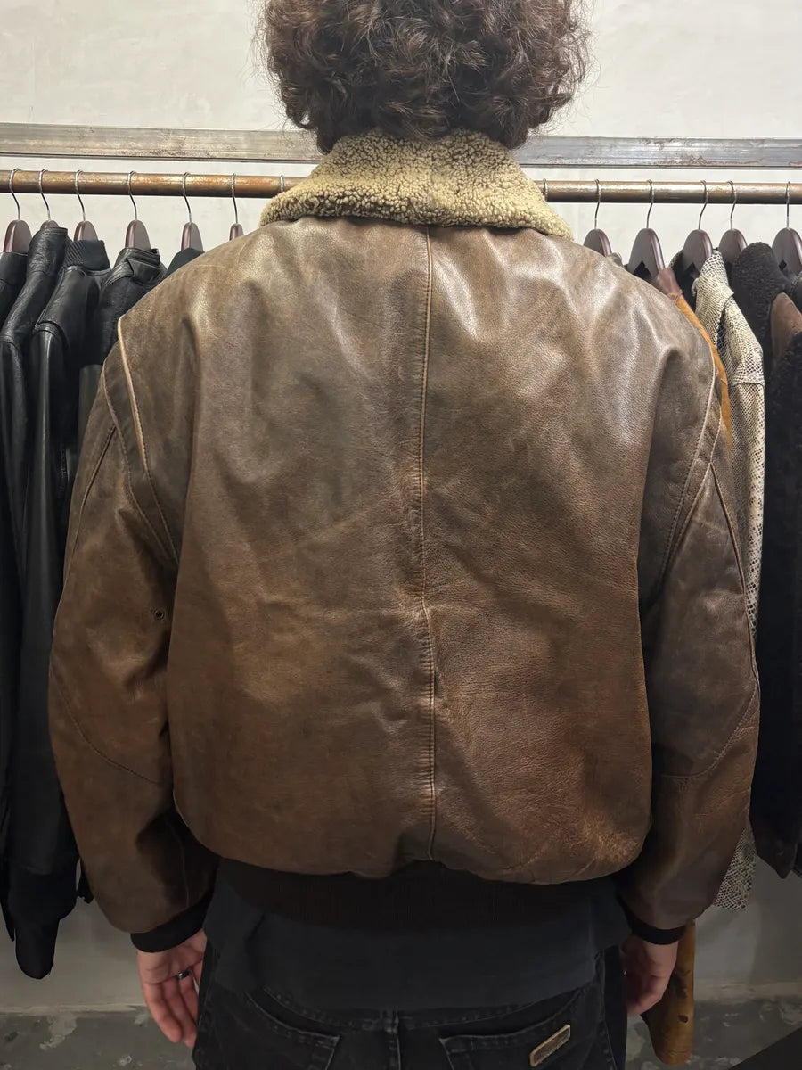 1990s Hugo Boss Aviator Brown Leather Bomber Jacket (M) DXmruxl 2