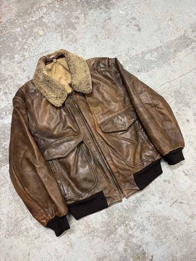 1990s Hugo Boss Aviator Brown Leather Bomber Jacket (M) DXmruxl 3