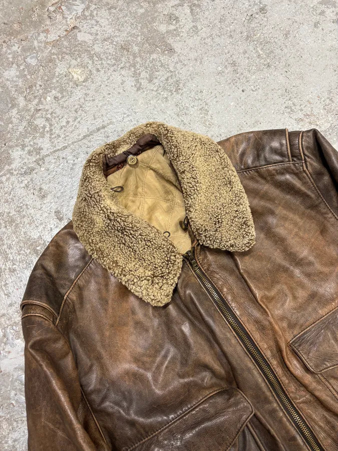 1990s Hugo Boss Aviator Brown Leather Bomber Jacket (M) DXmruxl 4