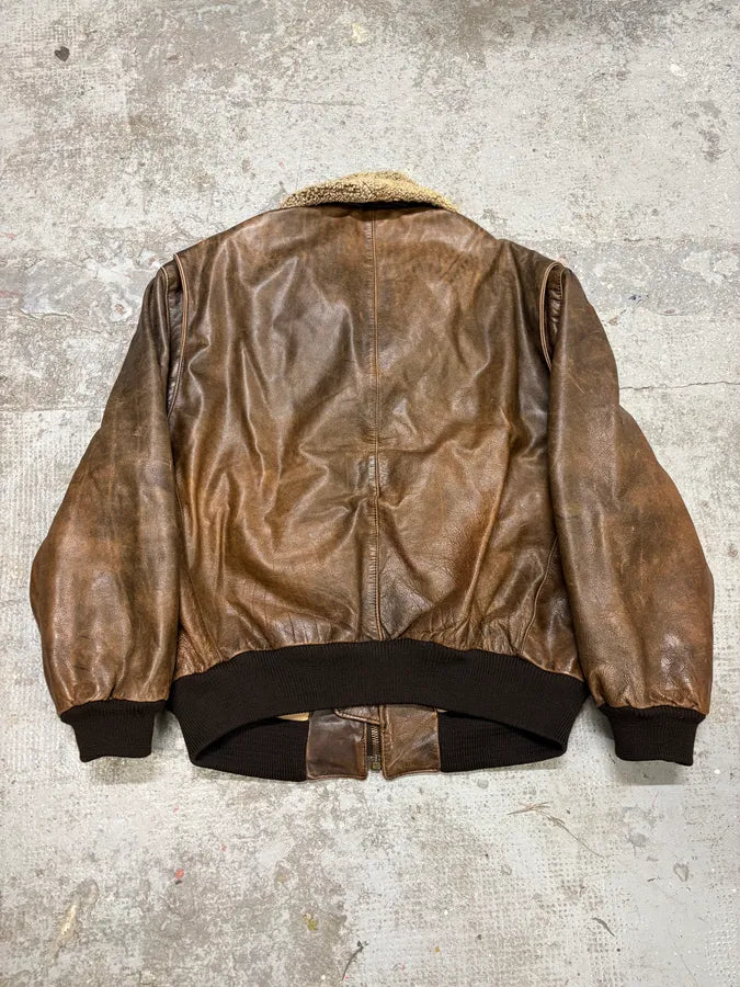 1990s Hugo Boss Aviator Brown Leather Bomber Jacket (M) DXmruxl 5