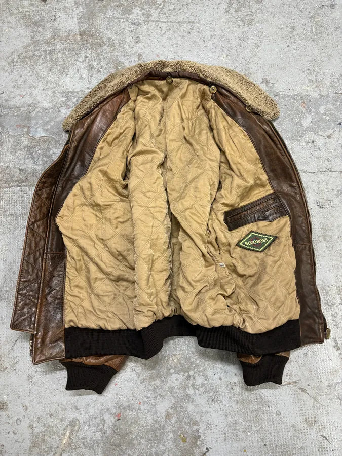 1990s Hugo Boss Aviator Brown Leather Bomber Jacket (M) DXmruxl 6