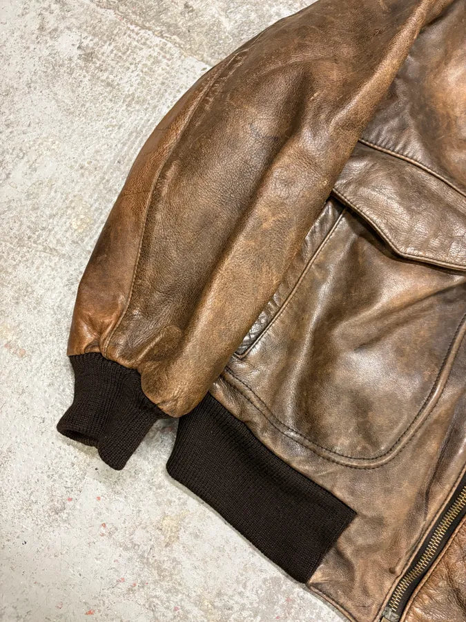 1990s Hugo Boss Aviator Brown Leather Bomber Jacket (M) DXmruxl 7