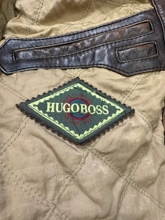1990s Hugo Boss Aviator Brown Leather Bomber Jacket (M) DXmruxl 9