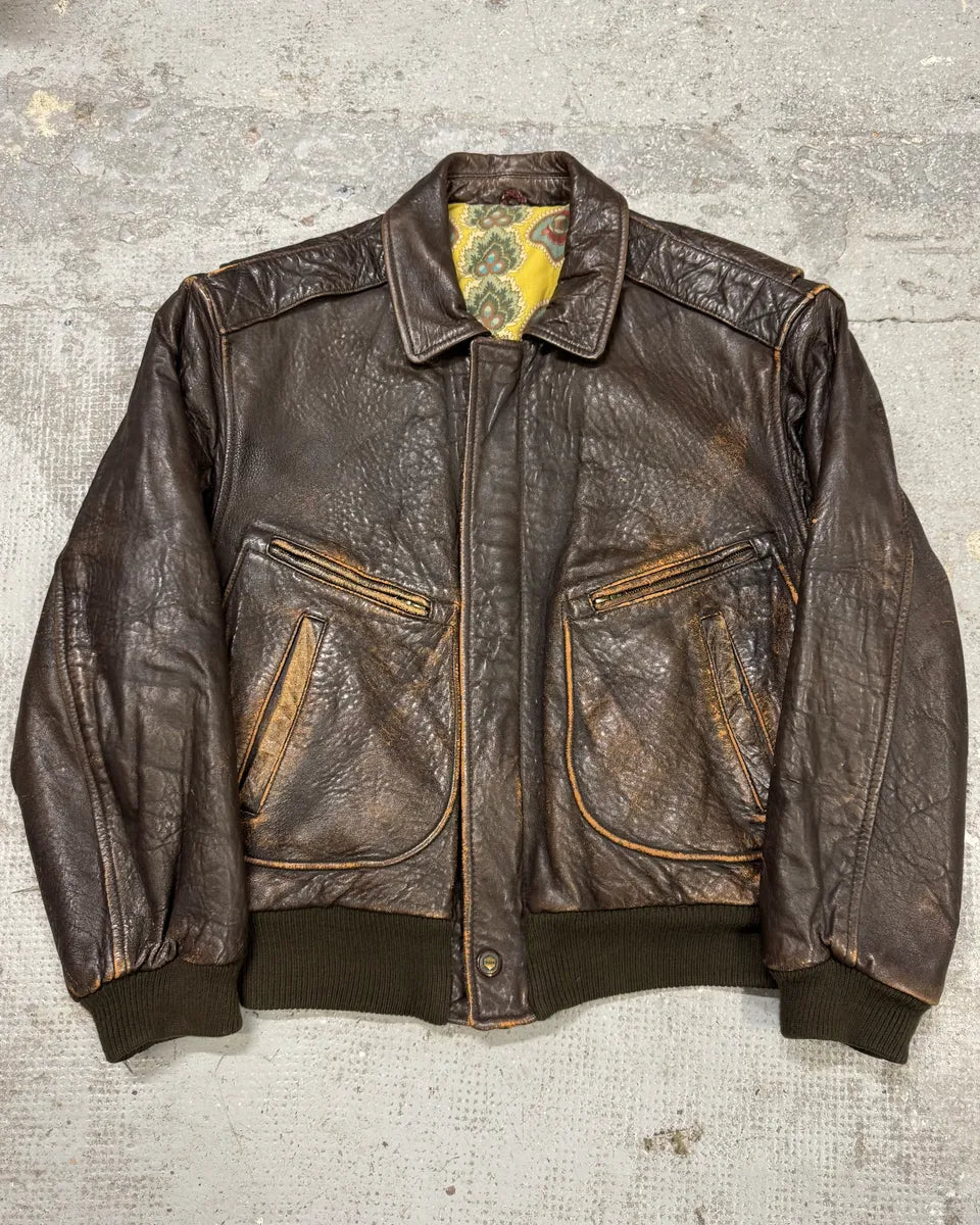 1990s Hugo Boss Grain Brown Leather Bomber Jacket (L) MswpnzG 0