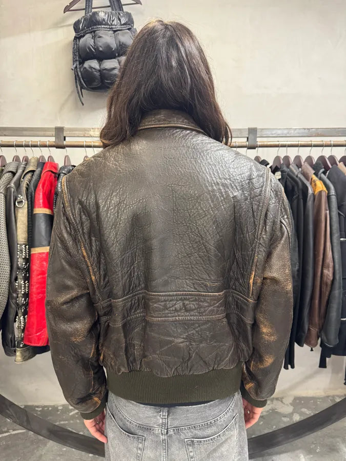 1990s Hugo Boss Grain Brown Leather Bomber Jacket (L) MswpnzG 1