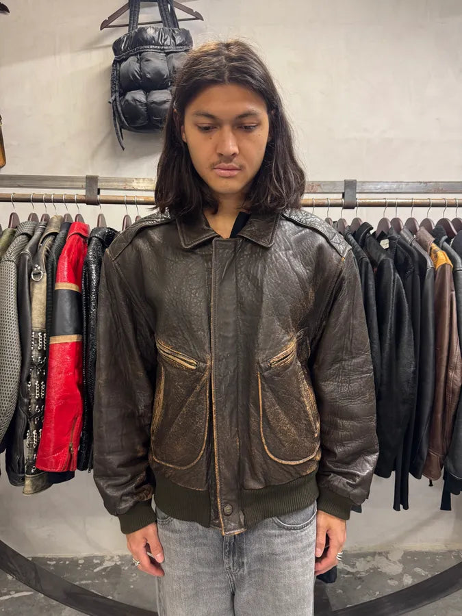 1990s Hugo Boss Grain Brown Leather Bomber Jacket (L) MswpnzG 2