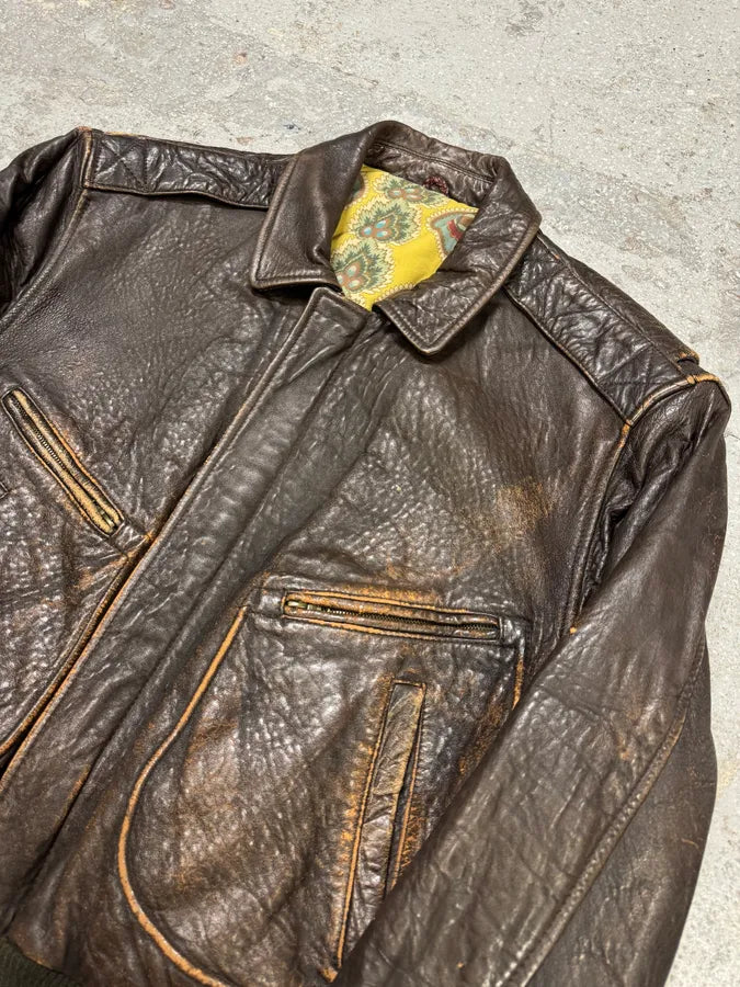 1990s Hugo Boss Grain Brown Leather Bomber Jacket (L) MswpnzG 3