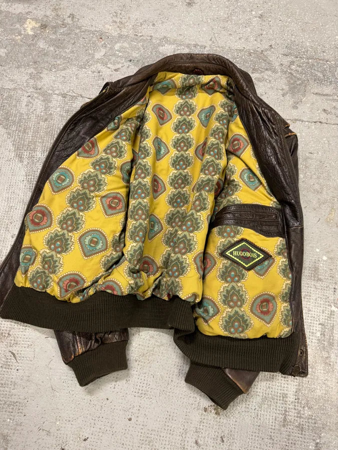 1990s Hugo Boss Grain Brown Leather Bomber Jacket (L) MswpnzG 8