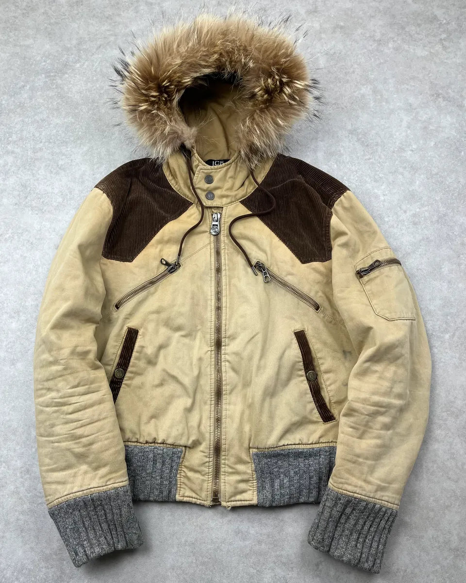 1990s Iceberg Beige Fur Hooded Multi-Pocket Bomber Jacket rXoBWkK 0