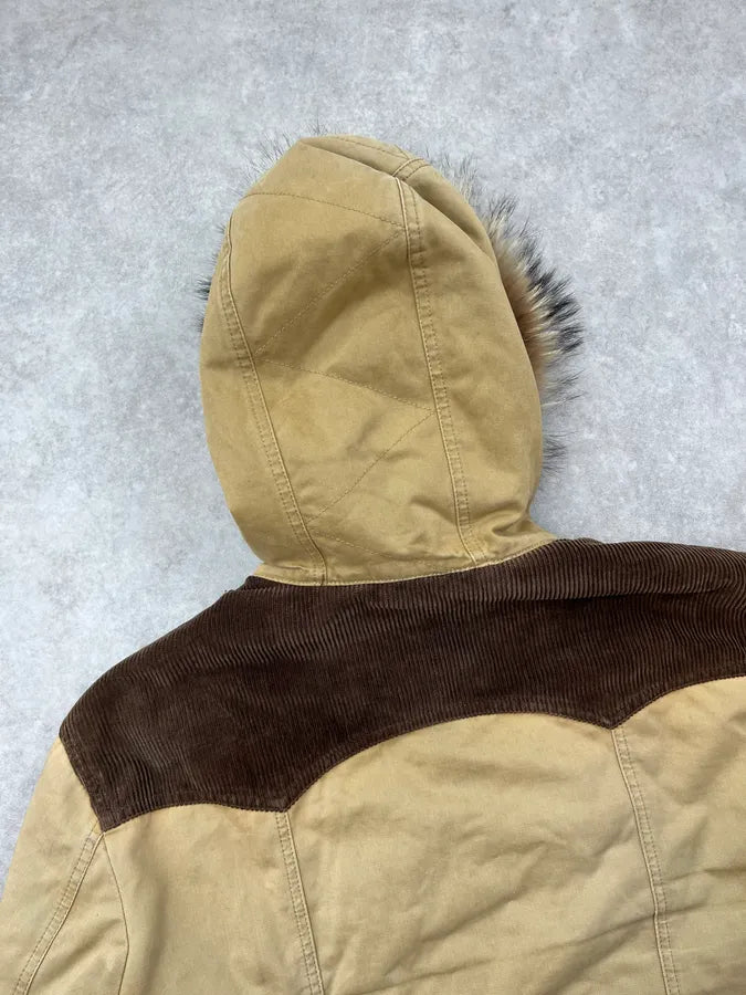 1990s Iceberg Beige Fur Hooded Multi-Pocket Bomber Jacket rXoBWkK 6