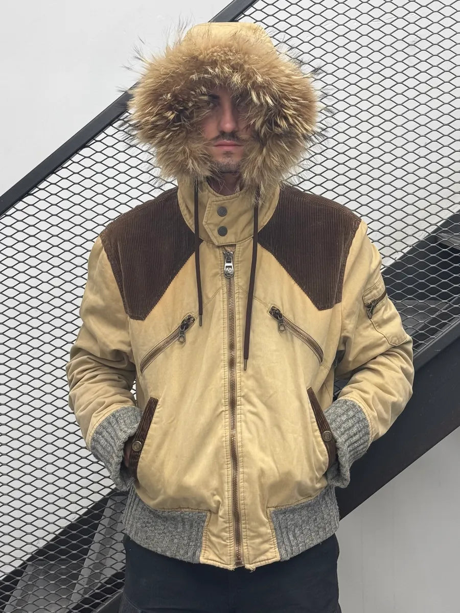 1990s Iceberg Beige Fur Hooded Multi-Pocket Bomber Jacket rXoBWkK 1