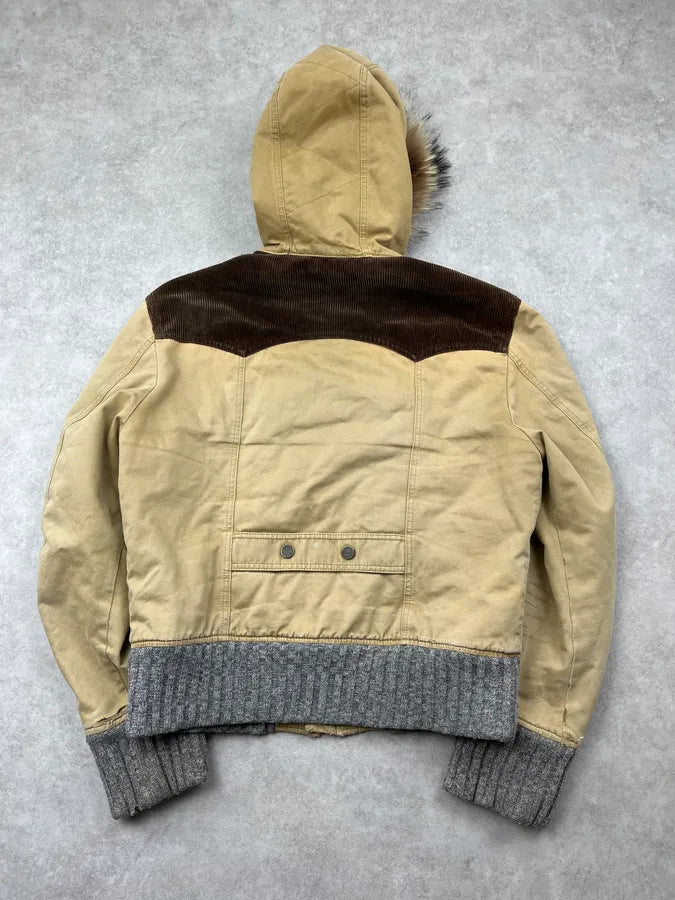 1990s Iceberg Beige Fur Hooded Multi-Pocket Bomber Jacket rXoBWkK 5
