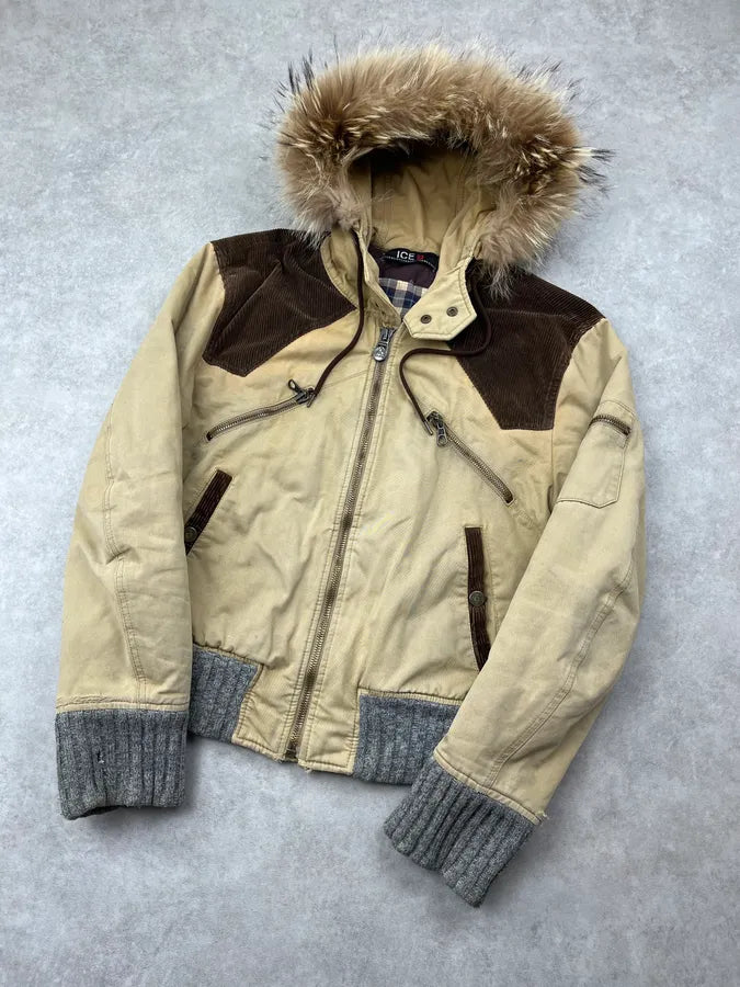 1990s Iceberg Beige Fur Hooded Multi-Pocket Bomber Jacket rXoBWkK 3