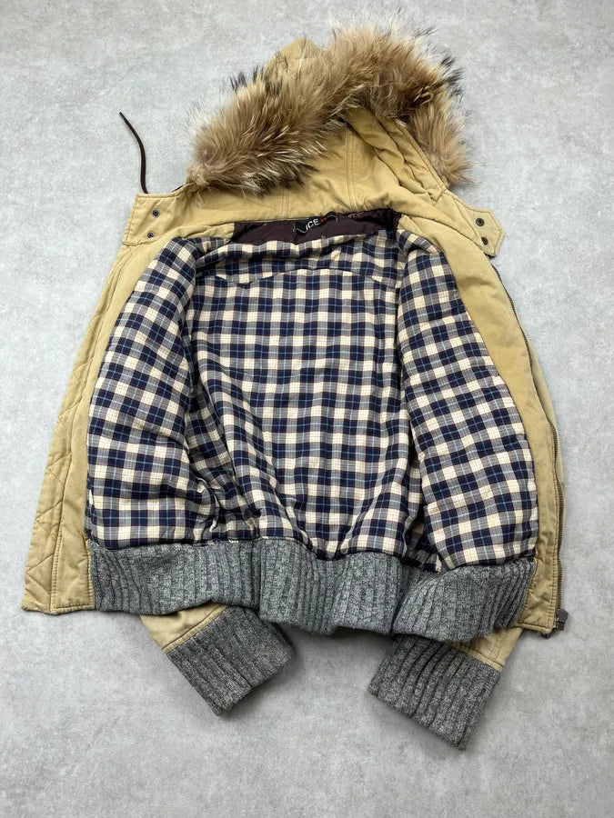 1990s Iceberg Beige Fur Hooded Multi-Pocket Bomber Jacket rXoBWkK 7
