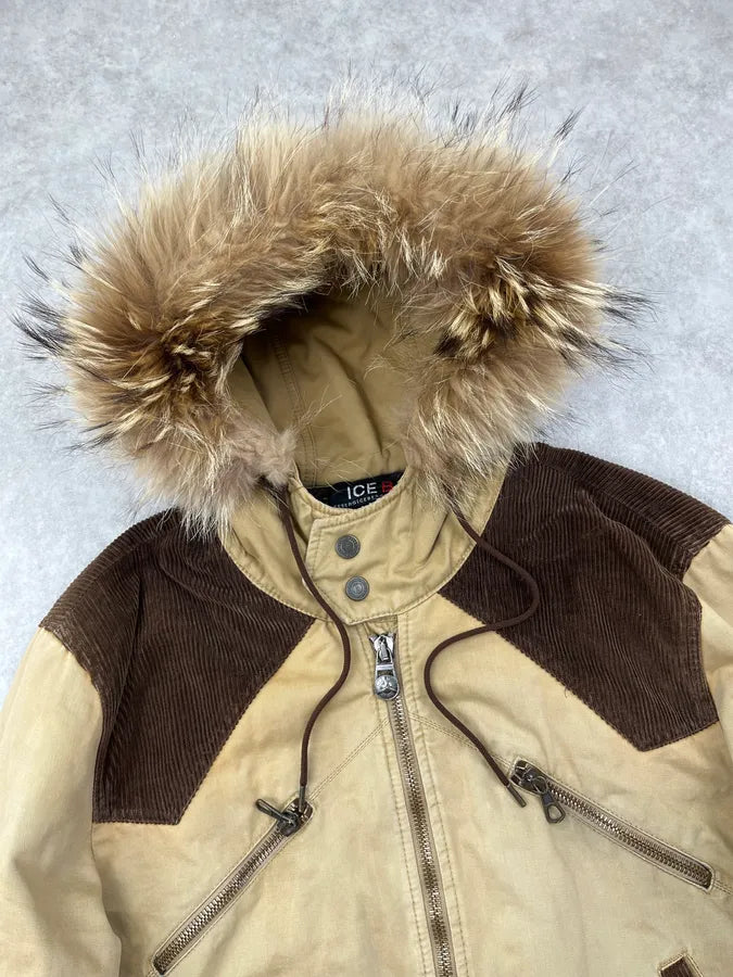 1990s Iceberg Beige Fur Hooded Multi-Pocket Bomber Jacket rXoBWkK 4