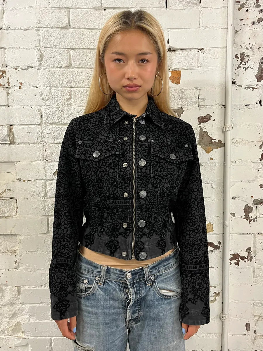 1990s Jean Paul Gaultier Black Embroidered Ornament Denim Jacket WxeVRtQ 1