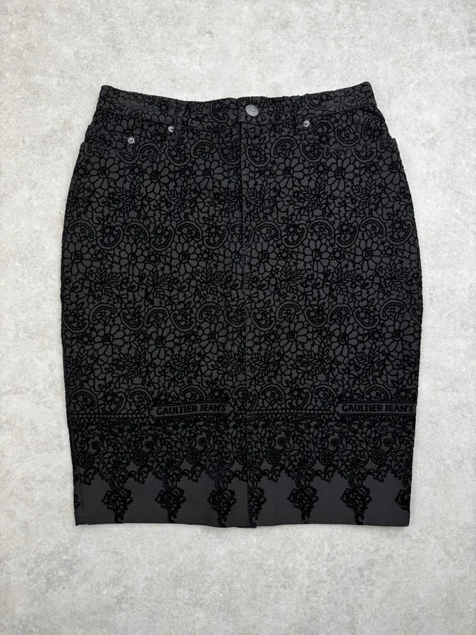 1990s Jean Paul Gaultier Black Flower Velvet Patrern Skirt NFGaKqy 0