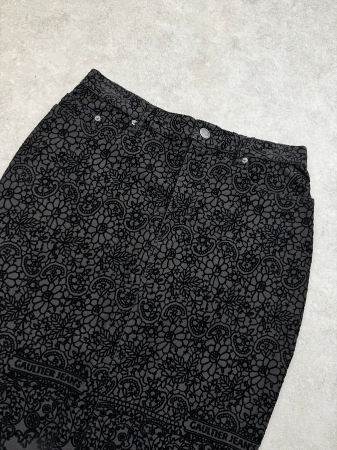 1990s Jean Paul Gaultier Black Flower Velvet Patrern Skirt NFGaKqy 5