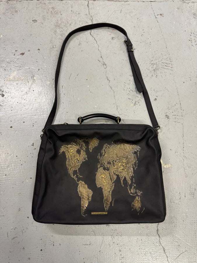 1990s Jean Paul Gaultier Black Nylon Messenger Gold World Map Bag egmkDhx 0