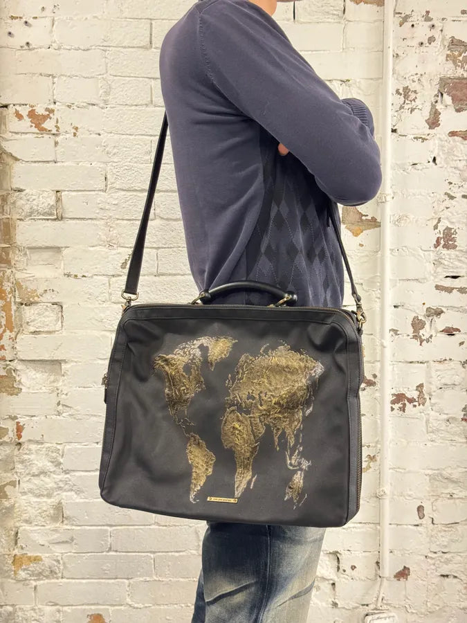 1990s Jean Paul Gaultier Black Nylon Messenger Gold World Map Bag egmkDhx 1