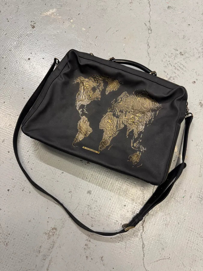 1990s Jean Paul Gaultier Black Nylon Messenger Gold World Map Bag egmkDhx 2