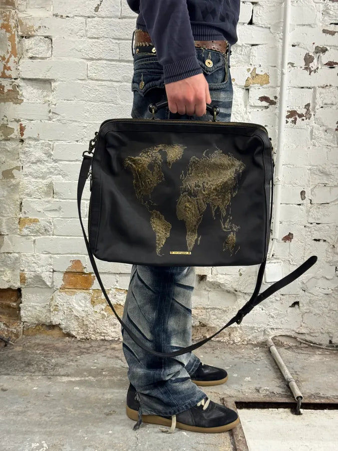 1990s Jean Paul Gaultier Black Nylon Messenger Gold World Map Bag egmkDhx 5