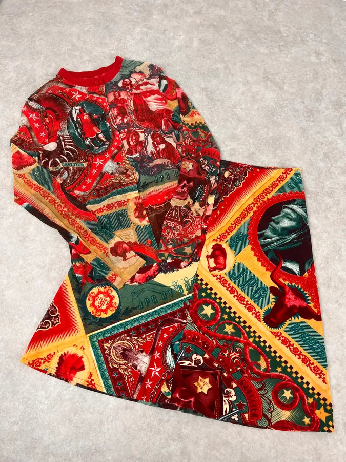 1990s Jean Paul Gaultier Cardigan & Skirt Red Abstract Indian Set yPFJpUC 0