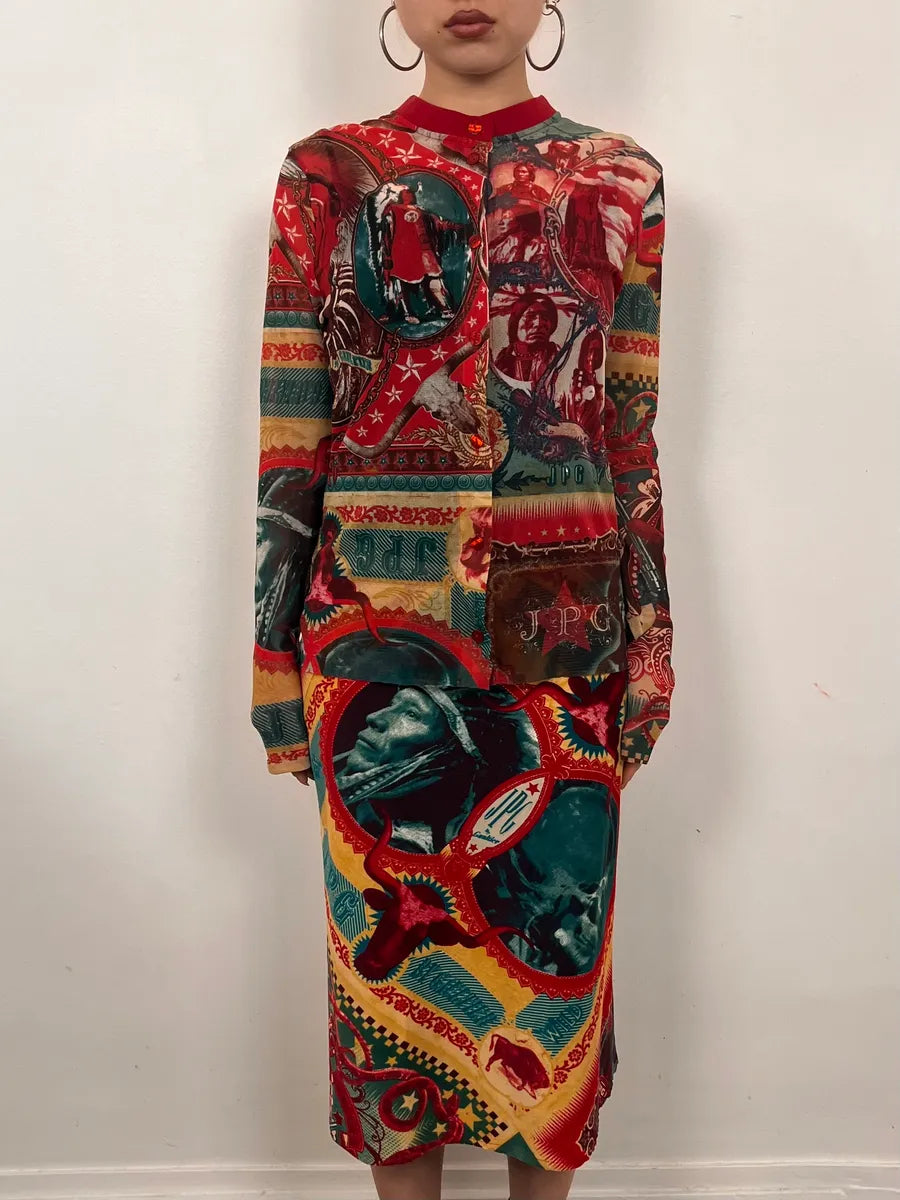 1990s Jean Paul Gaultier Cardigan & Skirt Red Abstract Indian Set yPFJpUC 1
