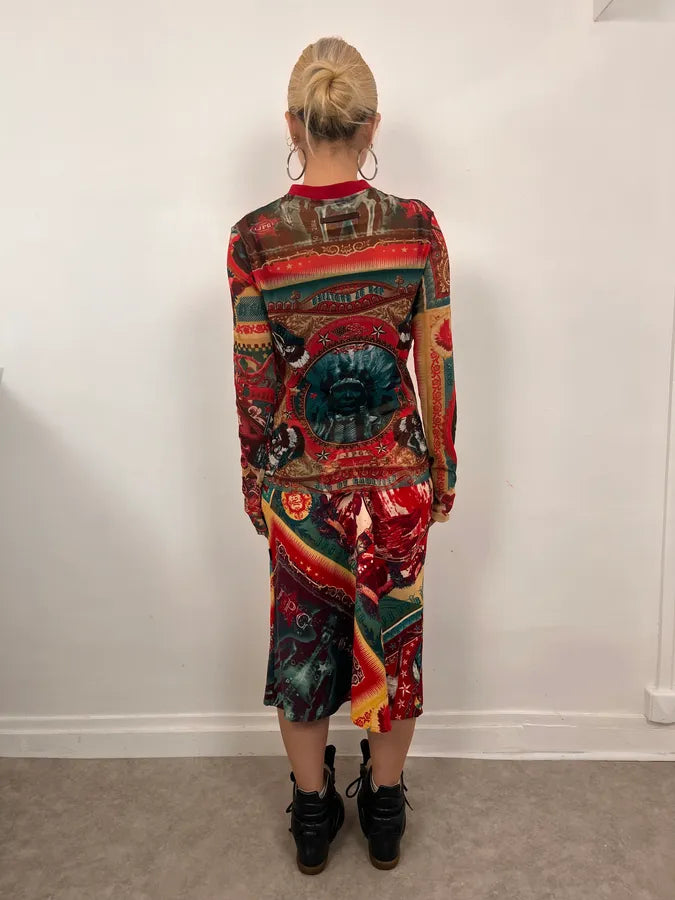 1990s Jean Paul Gaultier Cardigan & Skirt Red Abstract Indian Set yPFJpUC 2