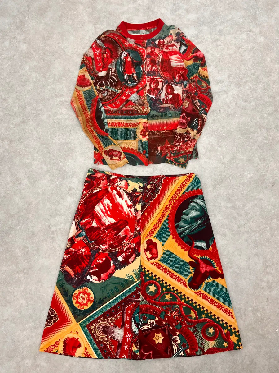 1990s Jean Paul Gaultier Cardigan & Skirt Red Abstract Indian Set yPFJpUC 3