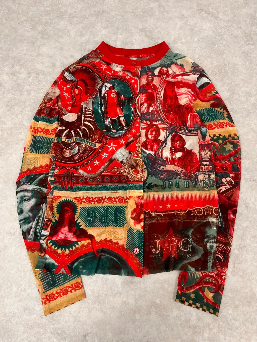 1990s Jean Paul Gaultier Cardigan & Skirt Red Abstract Indian Set yPFJpUC 4