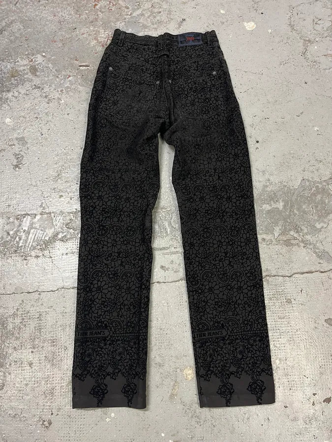 1990s Jean Paul Gaultier Glamour Velvet Black Denim Pants BPfgkhx 1