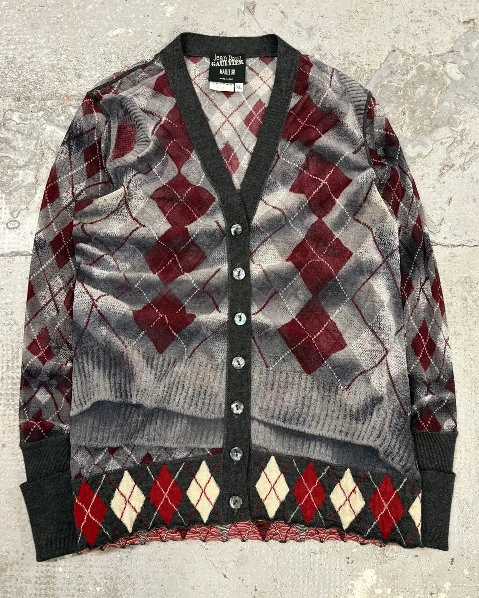 1990s Jean Paul Gaultier Maille Checkered Bordeaux Cardigan (S) LhzOnct 0