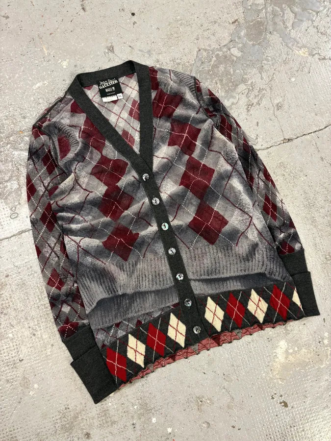 1990s Jean Paul Gaultier Maille Checkered Bordeaux Cardigan (S) LhzOnct 1