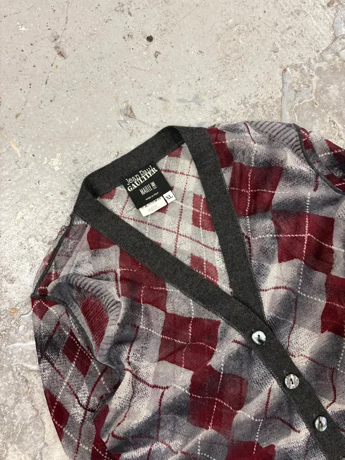 1990s Jean Paul Gaultier Maille Checkered Bordeaux Cardigan (S) LhzOnct 2