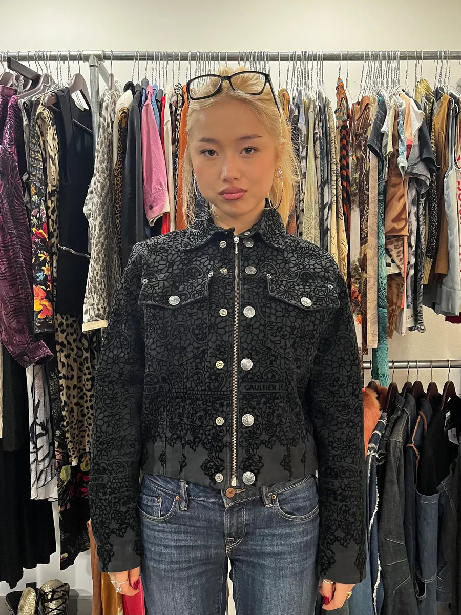 1990s Jean Paul Gaultier Velvet Floral Black Cropped Jacket ngzJTFt 1