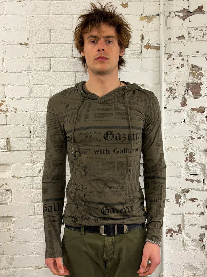 1990s John Galliano Newspaper Khaki Hoodie xgguIop 1