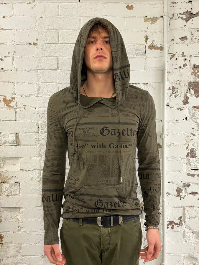 1990s John Galliano Newspaper Khaki Hoodie xgguIop 2