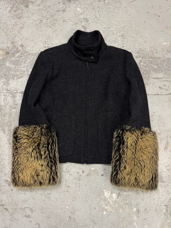 1990s Katharine Hamnett Black Wool Fur Sleeves Jacket CIpXJkK 0