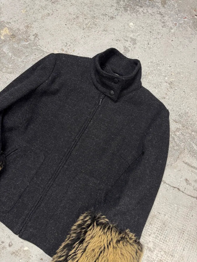 1990s Katharine Hamnett Black Wool Fur Sleeves Jacket CIpXJkK 1