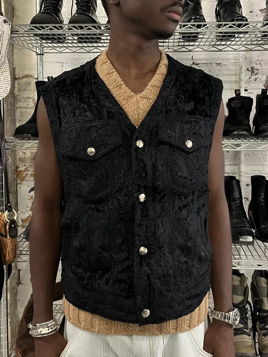 1990s Katherine Hamnett Black Fur Cozy Vest xXoJAkW 0
