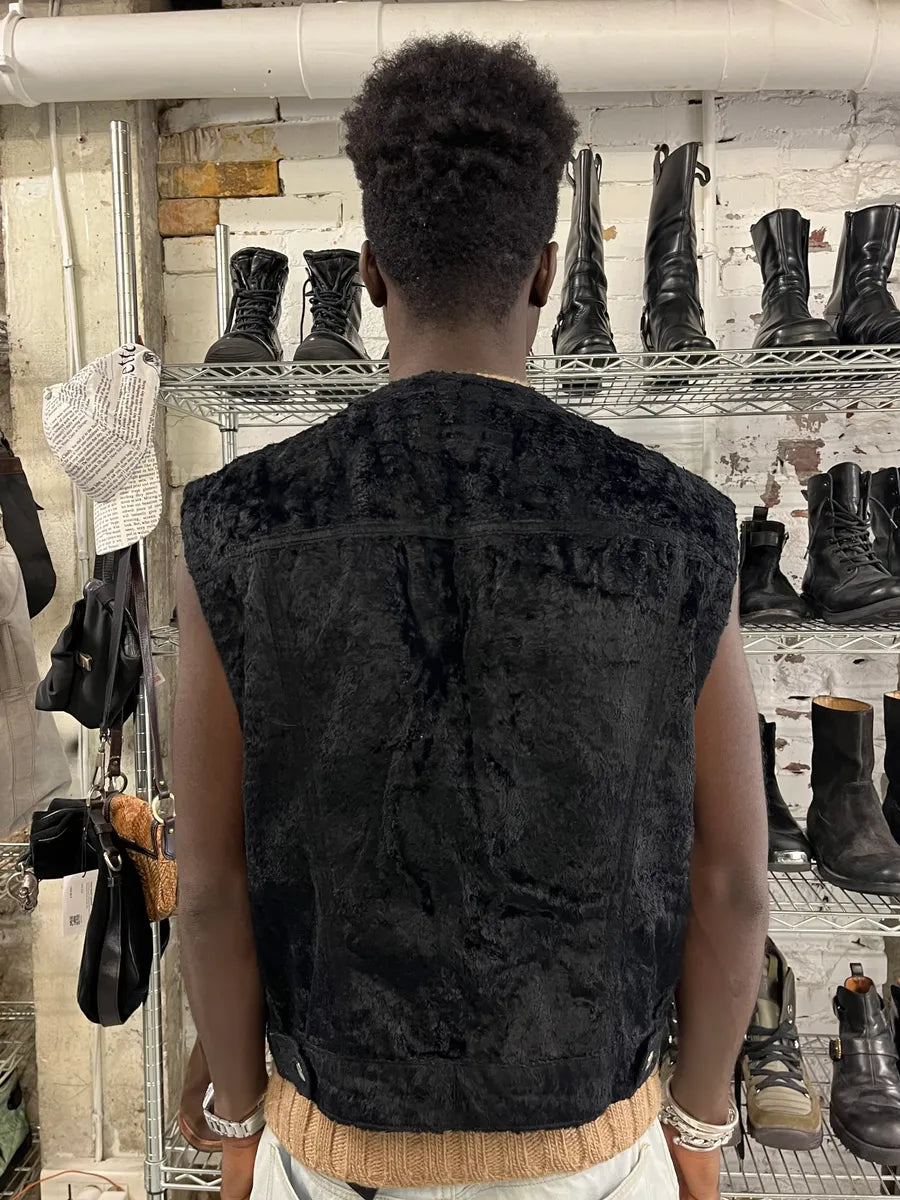 1990s Katherine Hamnett Black Fur Cozy Vest xXoJAkW 1