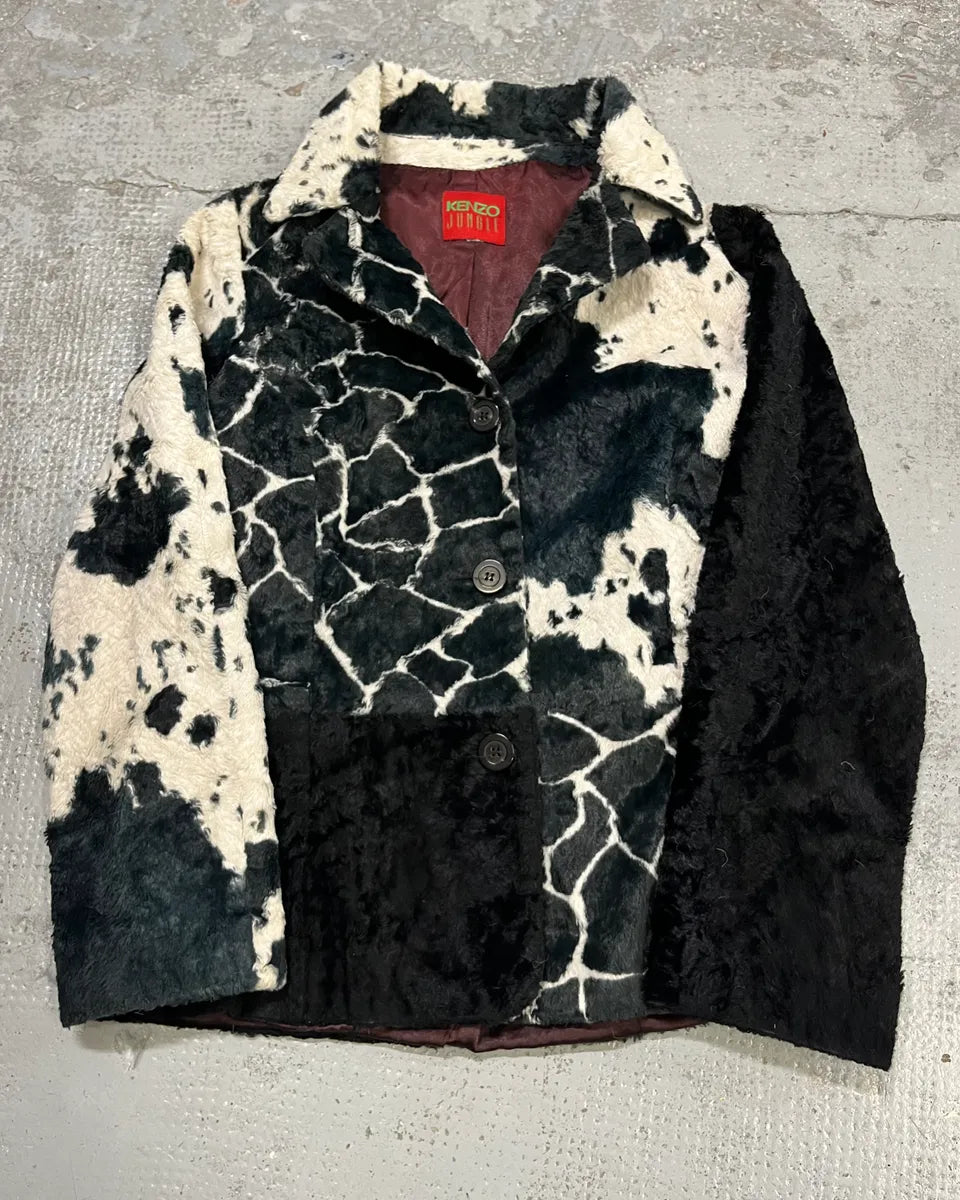 1990s Kenzo Black & Cream Animal Print Faux Fur Blazer Jacket UZXNcWW 0