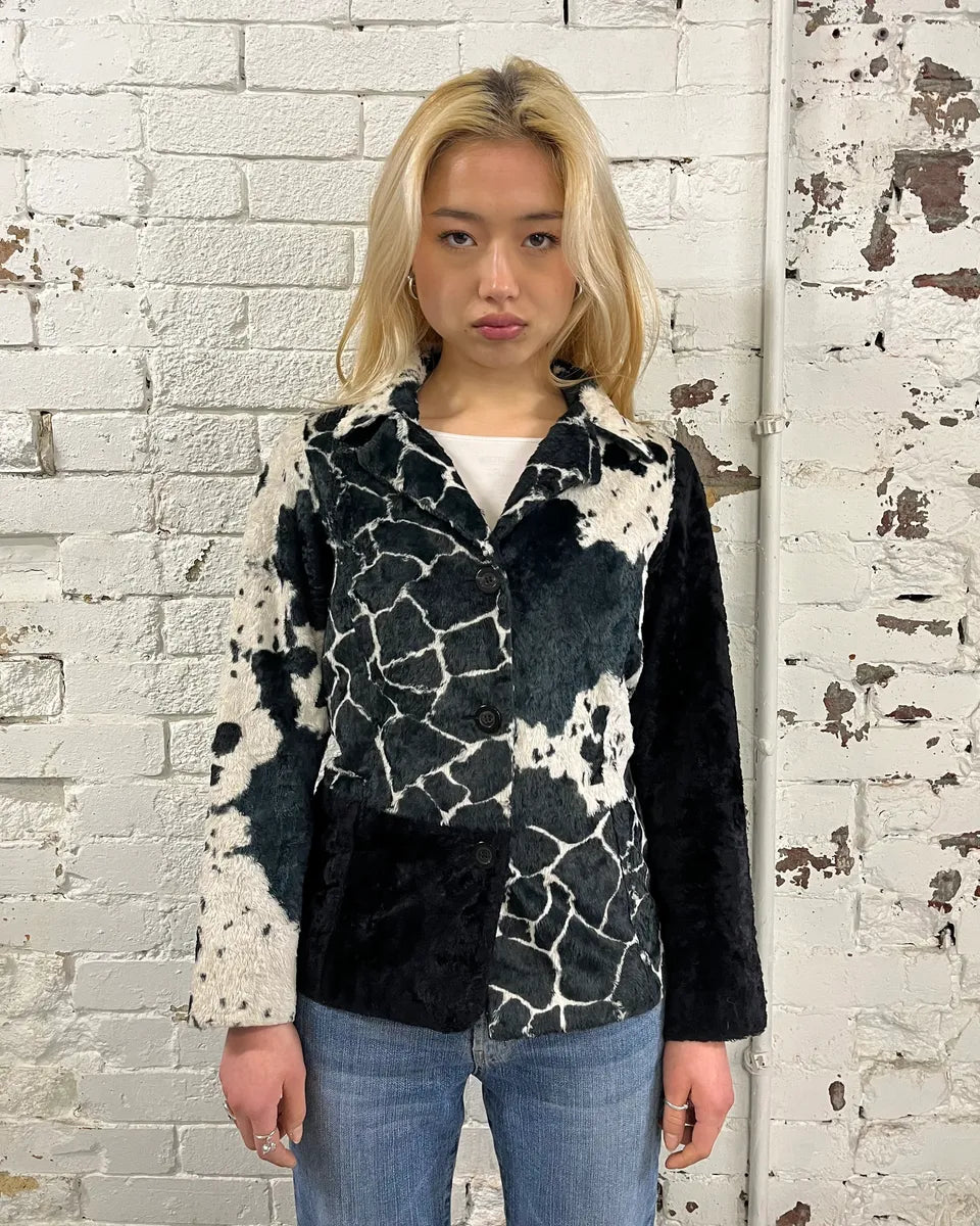 1990s Kenzo Black & Cream Animal Print Faux Fur Blazer Jacket UZXNcWW 1