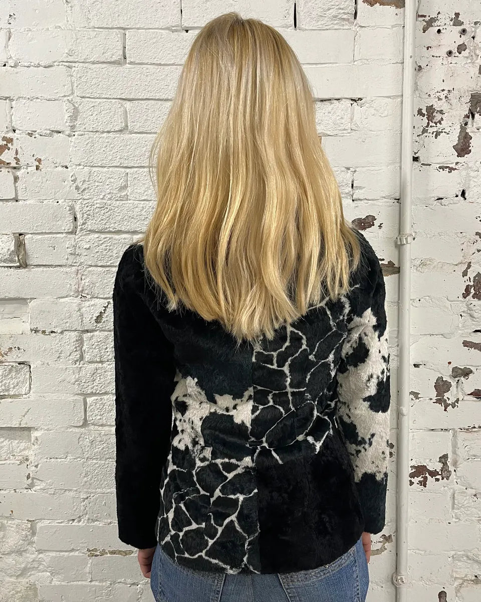 1990s Kenzo Black & Cream Animal Print Faux Fur Blazer Jacket UZXNcWW 2